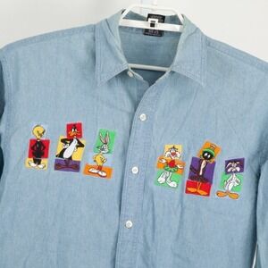 Warner Bros Looney Tunes Denim Shirt Mens Medium Blue Vintage 1997 Embroidered